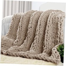 Chunky Knit Throw Blanket 100 Hand Made Large Chenille Loop 50" X 60" Taupe