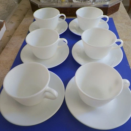 Vtg Corelle CORNING White Winter Frost Coffee Cups & Saucers Set of 6