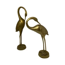 Vintage Mid-Century Modern Brass Crane Sculpture Set 11.5in & 14.5in Tall