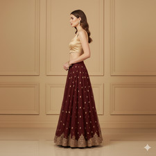 Sanskriti Vintage Red Long Lehenga Net Mesh Hand Embroidered Zardozi Unstitched