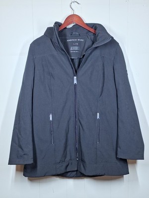 Andrew Marc Black Removable Hood Water Repellent 4 Way Stretch Rain Jacket Sz L