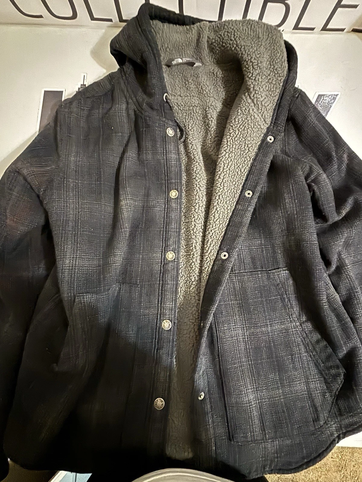 The North Face Plaid Hike-In Sherpa Hoodie Womens Sz Med Black Gray