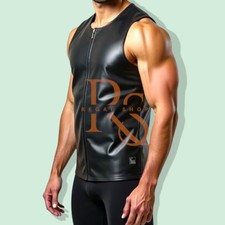 Men's Front And Back Zipper Style Black Genuine Lambskin Leather Sleeveles Shirt