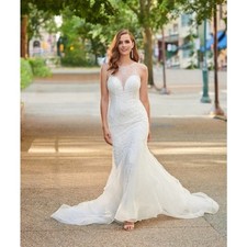 NEW Enchanting Mon Cherie Wedding Sz 14 Beaded Illusion Neck Fit & Flare $1245