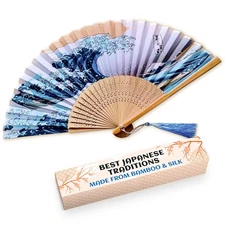 Silk Japanese Fan - Bamboo Handheld Folding Fan for Women, Kanagawa Wave Retro S