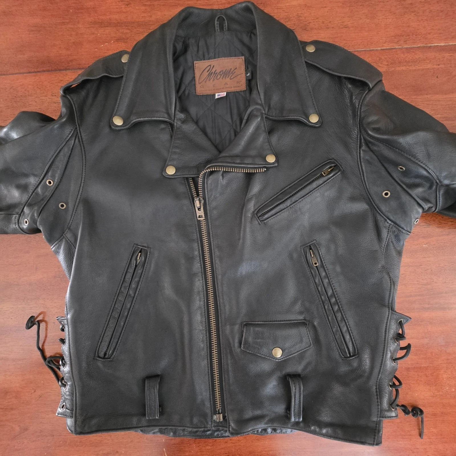 Vtg Custom Chrome Gear Large Leather Motorcycle Jacket Made In USA Talon Zippers - product detail image 2