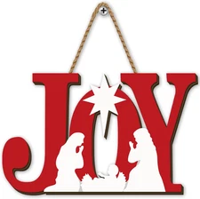 Nativity Door Sign Christian Christmas Front Wooden Wreath Hanging Red and White