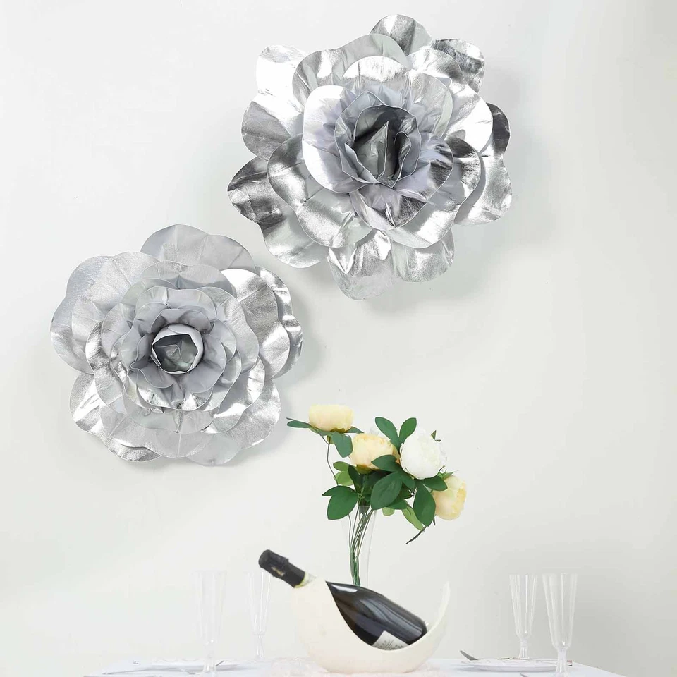 2 piezas 20" plata artificial grandes rosas flores telón de fondo de pared fiesta gris claro Foto 4 de 4