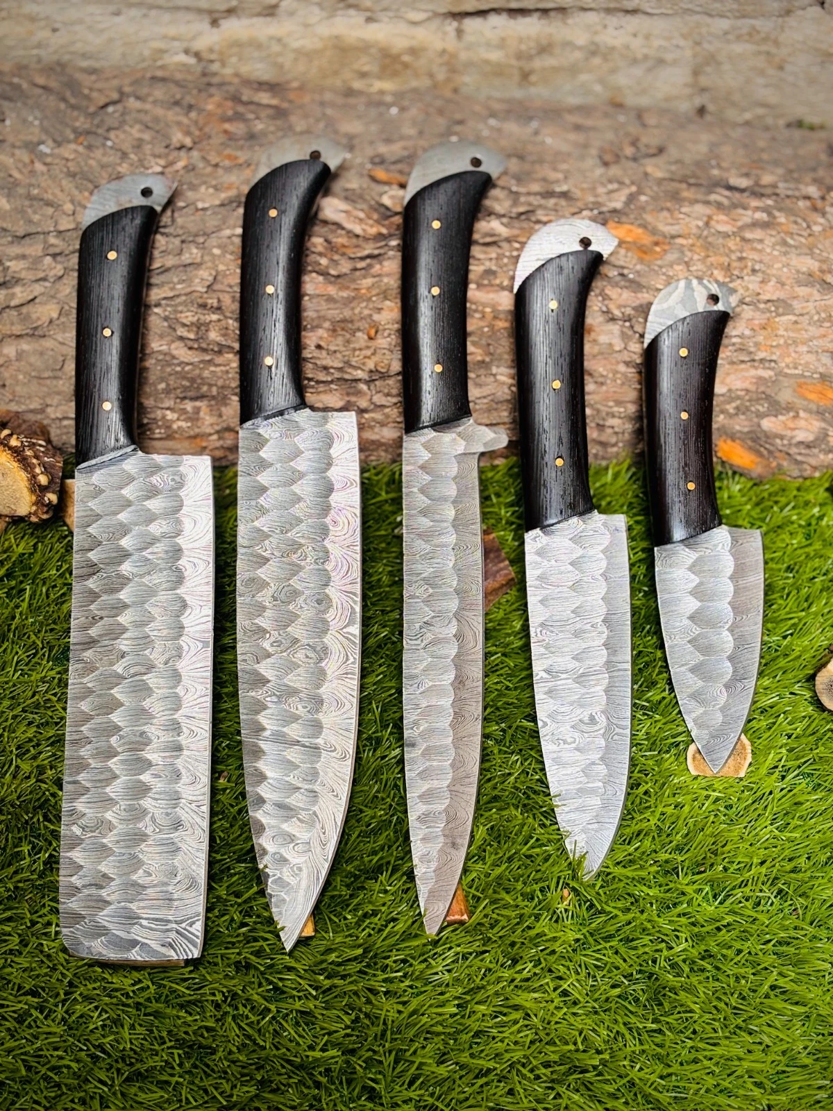 Hand Forged Damascus Steel Knife Set with Sheath - Kitchen & Outdoor Use