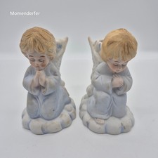 Vintage Bisque Porcelain Praying Angel Taper Candle Holders Pair Blue Taiwan