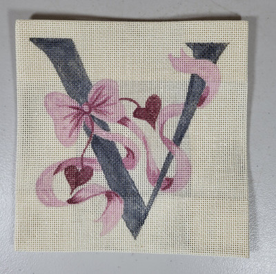 Hand Painted Needlepoint Canvas The Letter V Hearts Ribbons Bows TK71