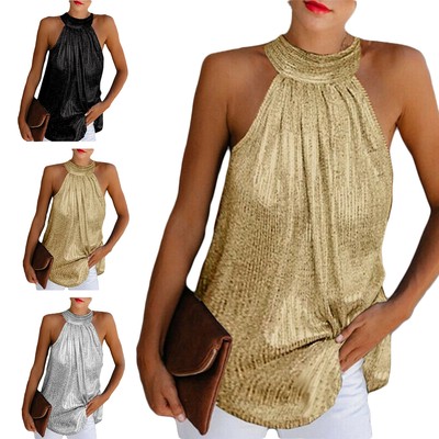 Sommer Damen Weste Tank Top Ärmellos T-Shirt Slim Glitzer Riemchen Bluse 