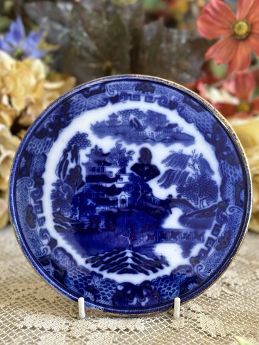 Minton (?) Staffordshire Flow Blue Inky Willow Pattern Trivet / Teapot Stand