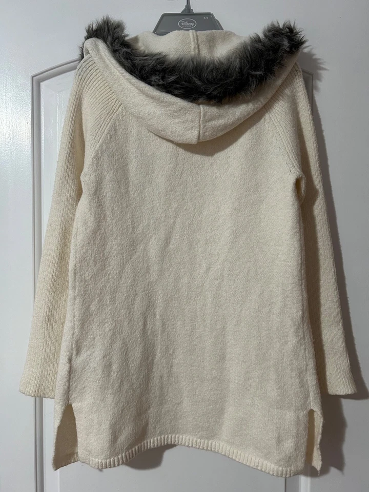 Gap Kids Girls XL Cream Ivory Faux Fur Hooded Open Front Long Sweater Cardigan - Image 4 of 4