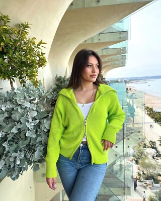 ZARA LIME HIGH NECK ZIP-UP KNIT JACKET CARDIGAN SIZE S