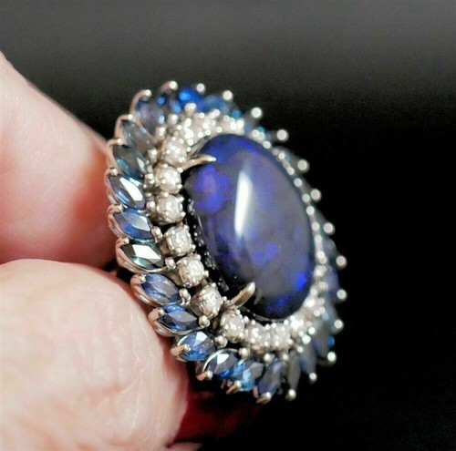 10.90 Ct Black Opal Sapphire & Lab Grown CVD Diamond Cage Ring 14K Solid Gold - Picture 2 of 7