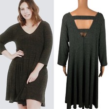 Torrid Ladder Back Ribbed Knit Skater Swing Dress Stretch Olive Green Sz 1/XL