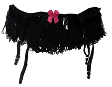 Frederick's of Hollywood Black shaggy pink bow Garter Belt style 94452 size M