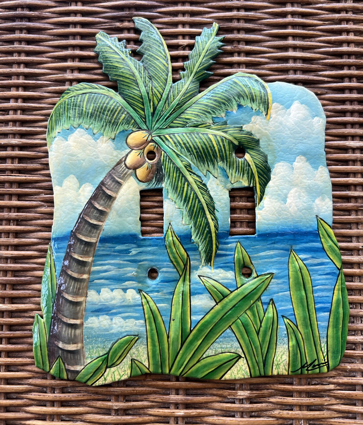 Tropical Hand Painted Metal Double Light Switch Cover Wall Plate Palm