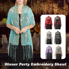 Embroidered Women Dress Wraps Wedding Shawl Scarf Evening Sequin Cover Up Fringe
