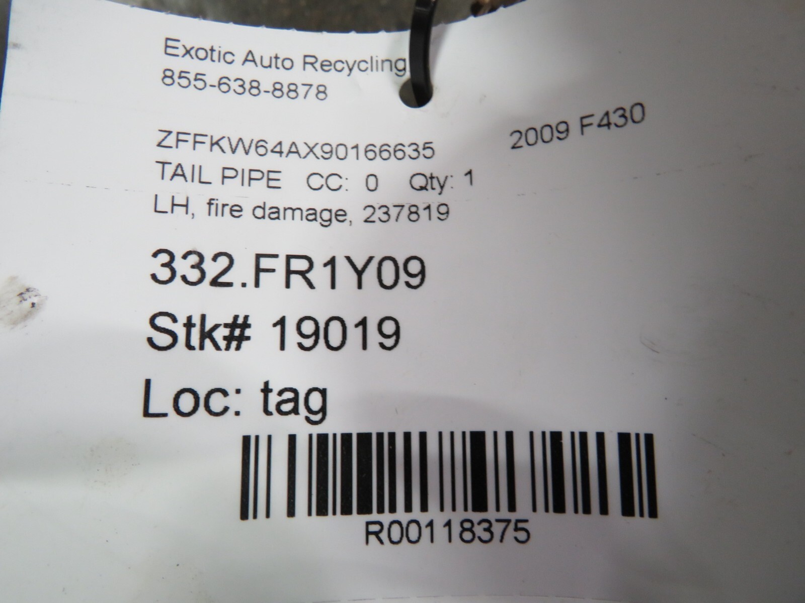 Ferrari F430 Scuderia, LH, Left, Tail Pipe, Fire Damage, Used, P/N 237819