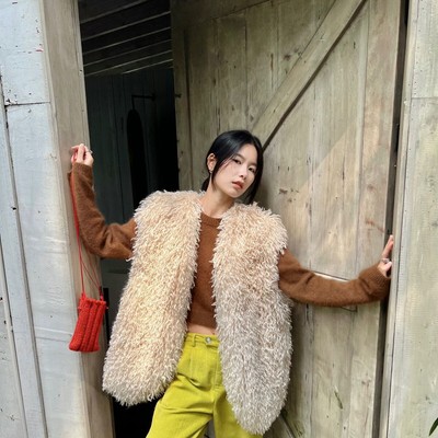 Retro Womens Faux Lamb Fur Vest Coats Mid Long Gilet