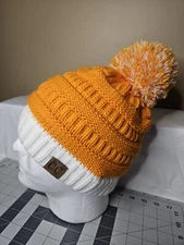 C.C Exclusives Beanie Hat with Pom Pom Cable Knit Stretch Orange and White