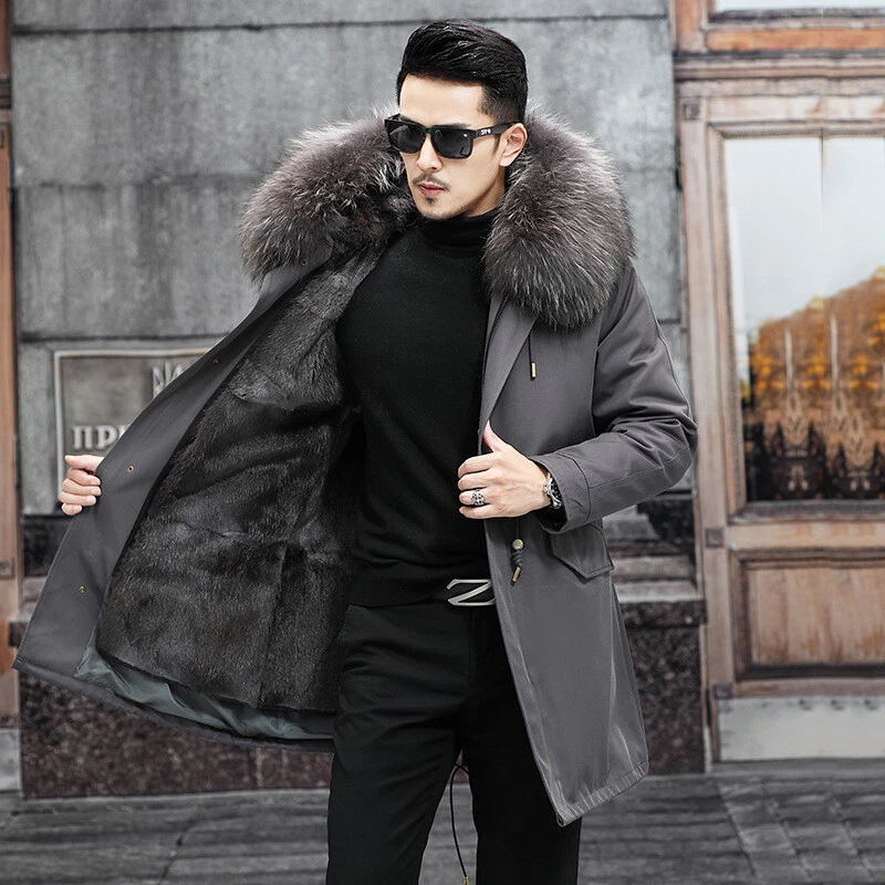 Mens Genuine Fox Fur 100% Real Mink Fur Lining Overcoat Hooded Parka Warm Jacket - Image 4 of 4