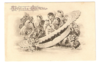 UDB Postcard,Frohliche Ostern,Easter,7 Chicks in a Straw Hat