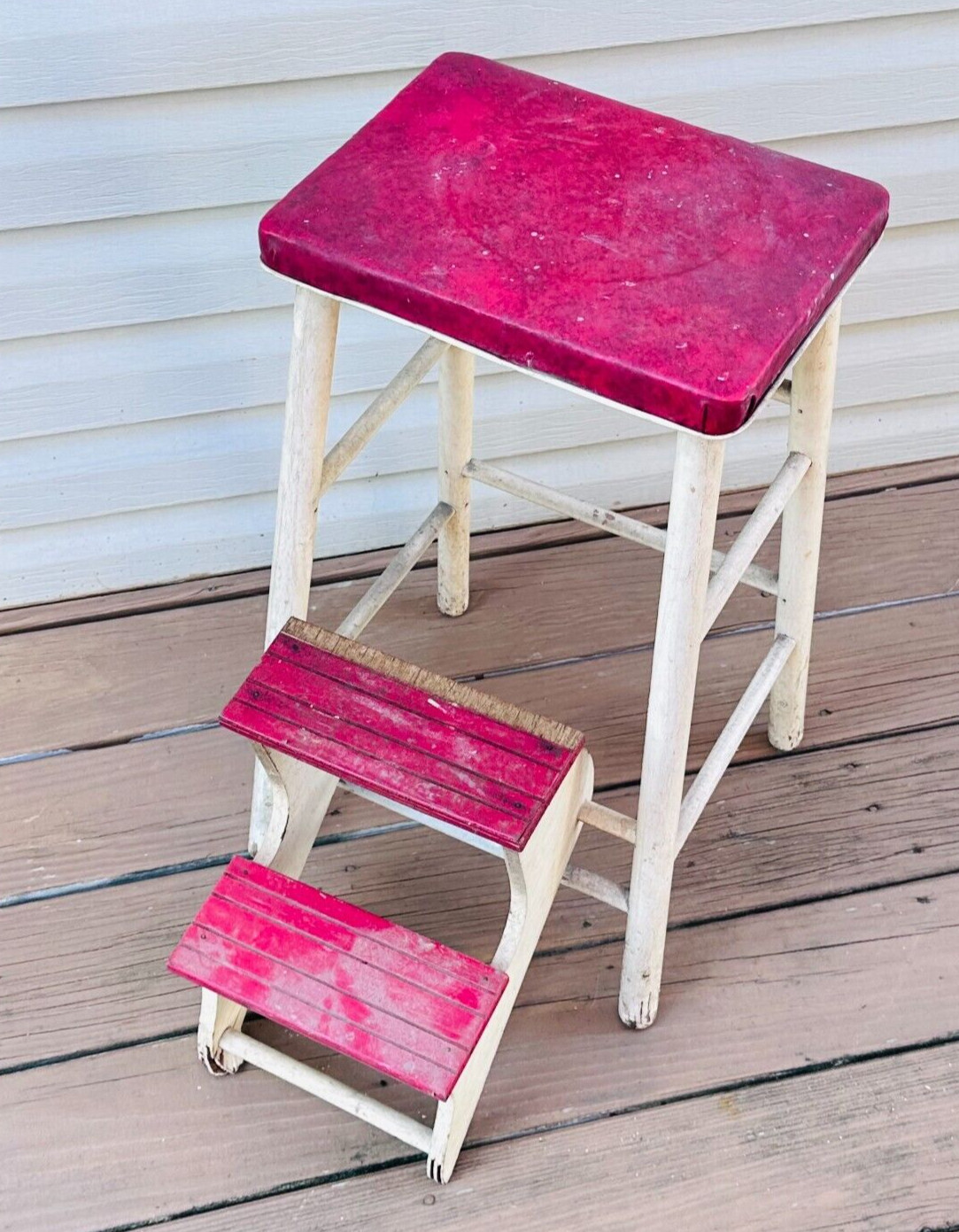 vtg wood step stool fold out steps White w red farmhouse 50s