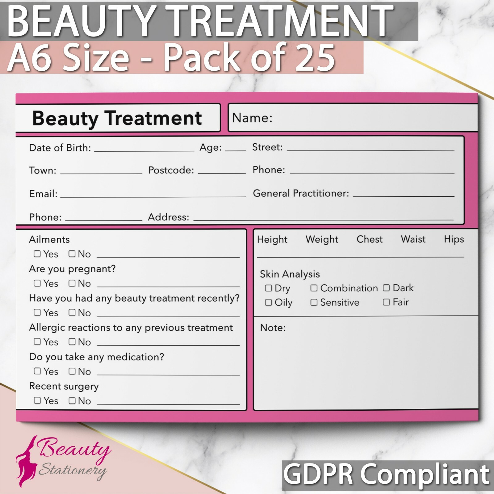 Beauty Client Record Card GDPR Compliant PREMIUM NEW Consultation Facial x25