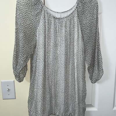 Elena Baldi Blouse Women s Size Large Silk Cheetah Print 3/4 Sleeves FullyLined