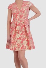 Vince Camuto Women's Pink Gold Metallic Jacquard Fit & Flare Dress Petite 12P