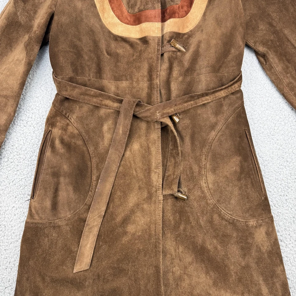 Abrigo con capucha de gamuza vintage M S coleccionables para mujer 14 cinturones longitud completa años 70 80 Foto 4 de 4