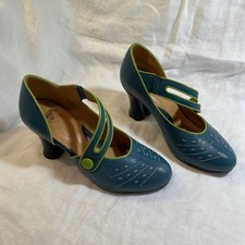 John Fluevog Look Out Family Blue Green Size 8.5 Heart Shaped Heels Whimsey Goth