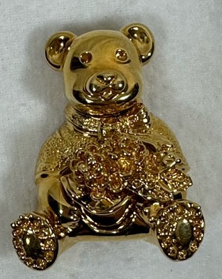 St. John Gold Tone Teddy Bear Pin Brooch Christmas Holly Pine Cones Signed 1.75''