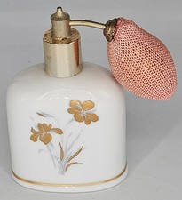 Vintage Porcelain Perfume Atomiser Bottle – Gold Floral Design, Pink Mesh Bulb