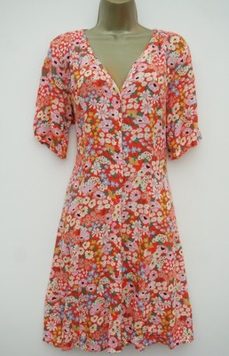 MONKI ORANGE FLORAL FIT & FLARE BUTTON FRONT SUN DRESS SIZE M 12 14