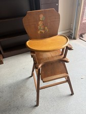 Antique Wooden High Chair Brown with Animal Design Tray and Footrest 1940 s