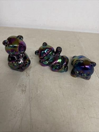 Lot (3) Fenton Glass BlueCobalt purple Iridescent Rainbow Carnival Glass Bear