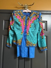 Vintage 90s Adrianna Papell Silk Skirt Suit Teal Blue Pink Baroque Jacket Set 8
