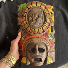 Vintage Mayan Mask Made From Wood Hand Carved Mayan Calender