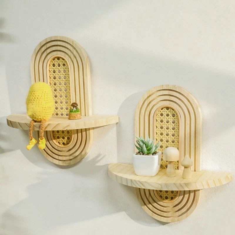 Wall Mounted Floating Shelf for Plant Figurines Display, Rattan Wall Shelf