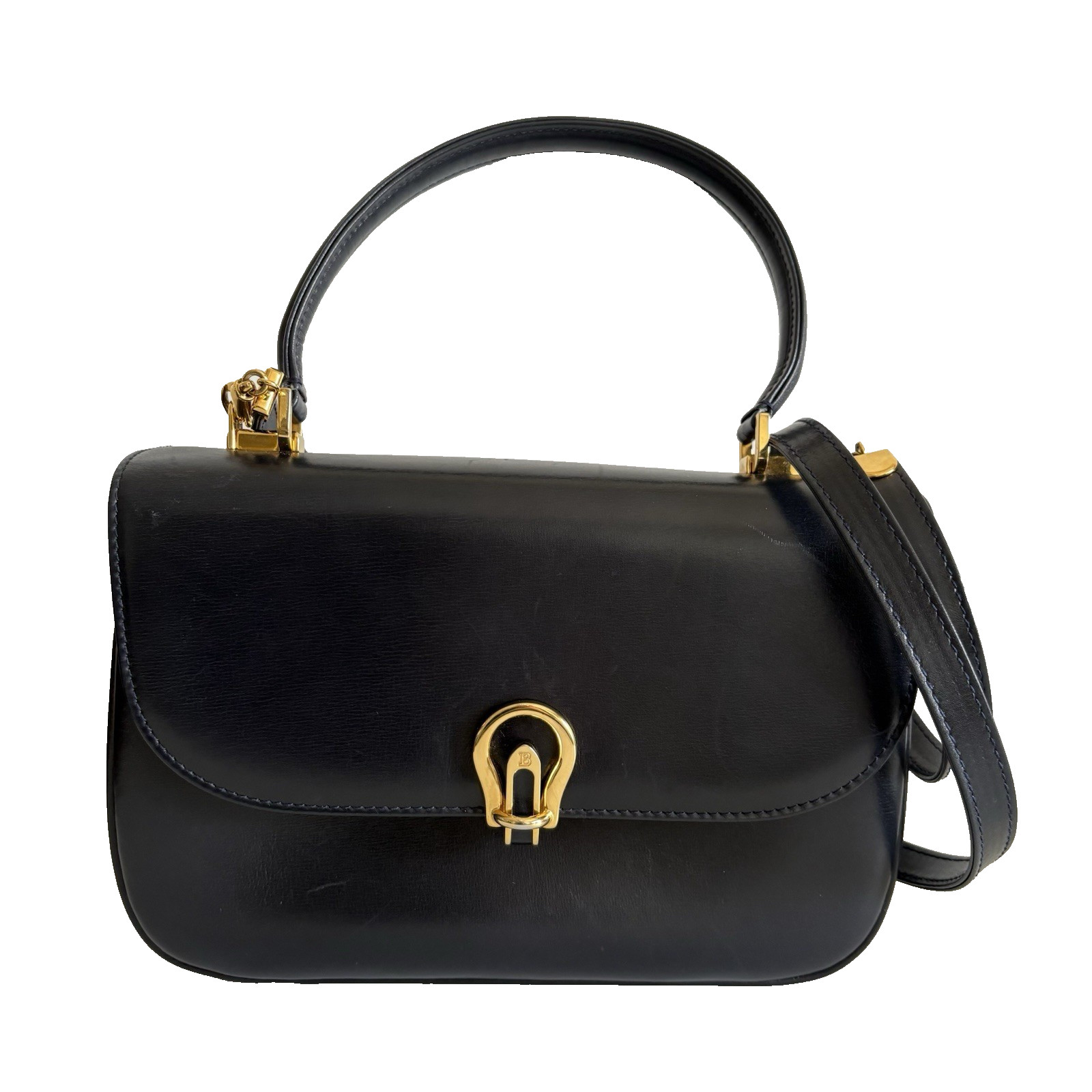 Authentic Bally Handbag Navy Leather From Japan 0879