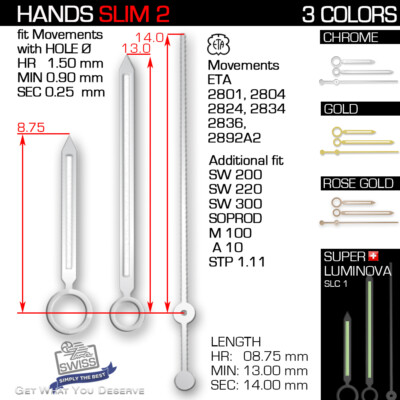 HANDS SET FOR MOVEMENT ETA 2801 2804 2824 2834 2836 SW200 SW220  Ref SLIM-2