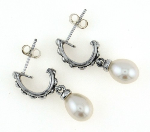 Designer 925 Sterling Silver Dotted Huggies w Pearl Dangle Post Earrings - Picture 2 of 6