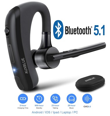 AUXBLUE Hands-Free Wireless Bluetooth Headset V5.1 Dual Mic Noise Cancelling