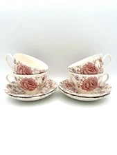 Johnson Bros Rose Chintz - Flat Cups & Saucers, Set of 4