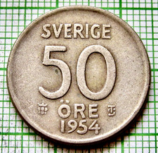 SWEDEN Gustaf VI Adolf 1954 TS 50 ORE, 0.400 SILVER yes we do combine postage