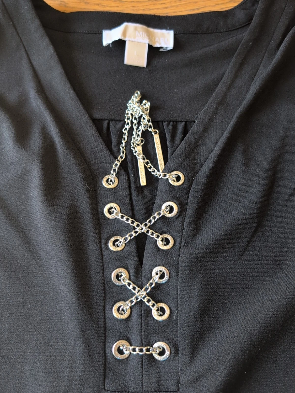 Abito nero casual elasticizzato taglia L Michael Kors con incrocio incrociato catena argento us intime ottimeioni